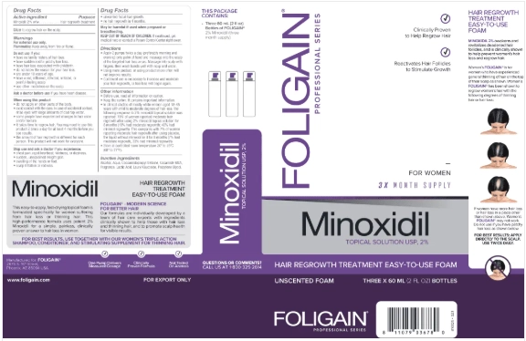 Foligain Minoxidil 2%, Espuma para crescimento Capilar para Mulheres, Três frascos de 60ml