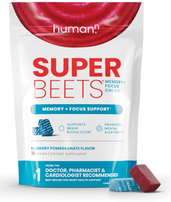 SuperBeets Brain, Para Memória e Foco, 30 Comprimidos Mastigáveis Sabor Mirtilo, HumanN 