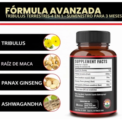 Tribulus Terrestris 350mg com Maca, 4 em 1, 90 Cápsulas, Zolotus 