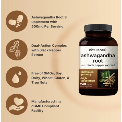Ashwagandha Root com Black Pepper Extract,  240 Cápsulas, NatureBell