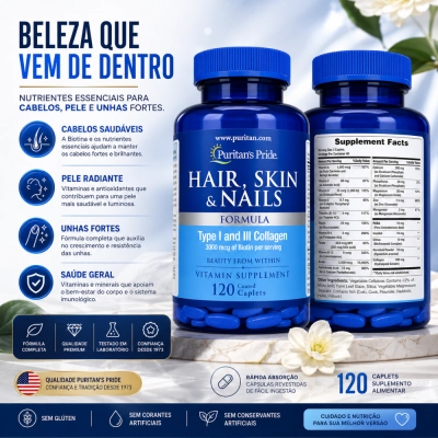 Hair, Skin & Nails, Cabelos, Pele e Unhas Saudáveis, 120 Cápsulas, Puritan’s Pride
