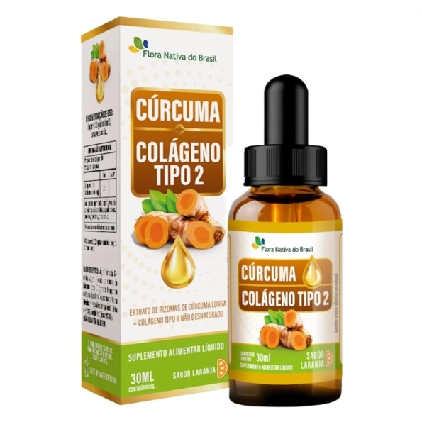 Cúrcuma + Colágeno Tipo II em Gotas, Sabor Laranja, 30ml, Flora Nativa