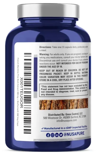 Casca de Pinheiro Marítimo, French Maritime Pine Bark 400mg, 200 Cápsulas, Nusapure