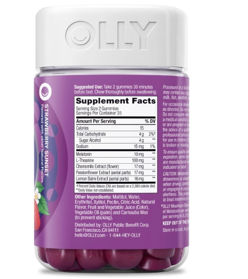 Max Strength Sleep, Melatonina 10mg, L-teanina, Camomila e Erva-cidreira, 70 Gomas Sabor Morango, Olly