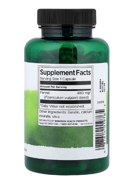 Fennel Seed 480mg, Semente de Erva-doce, 100 Cápsulas, Swanson