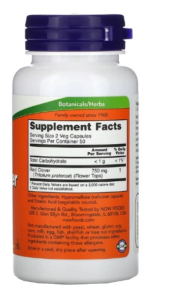 Red Clover, Trevo Vermelho, 375 mg, 100 Cápsulas, Now