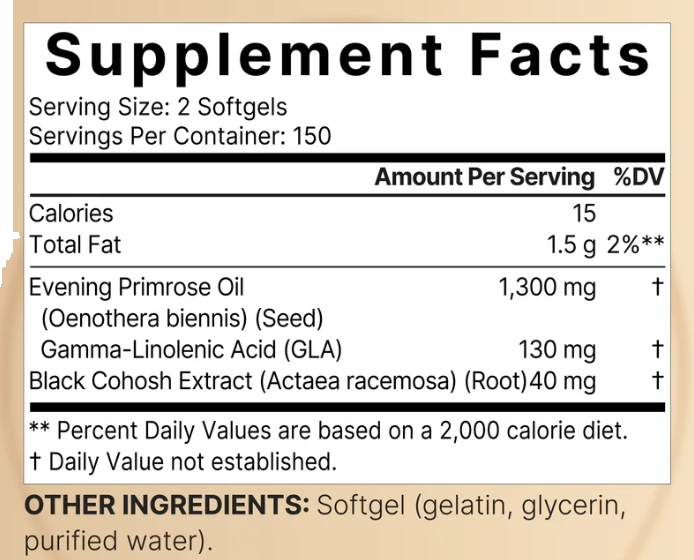 Óleo de Prímula com Black Cohosh, Evening Primrose 1300mg, 300 Minicápsulas, NatureBell