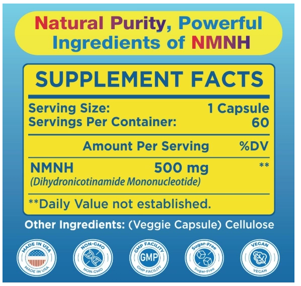 NMNH, Diidronicotinamida Mononucleotídeo 500mg, NAD Plus, 60 Cápsulas, Beyyoly