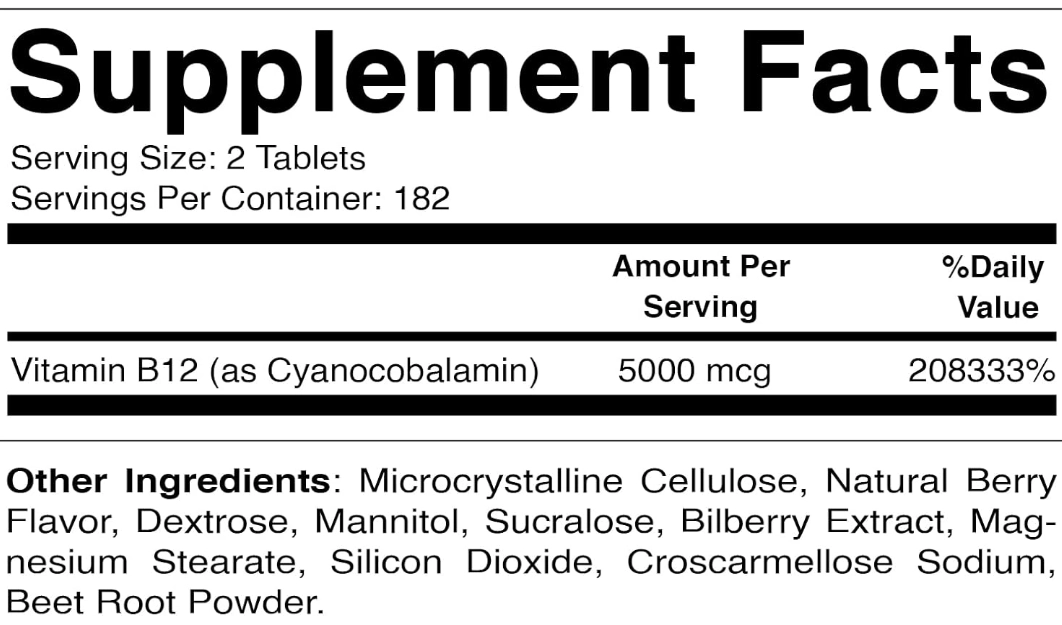 Vitamina B12 5000mcg, 365 Comprimidos Sabor de Frutas Vermelhas, Vitamatic