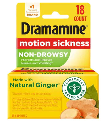 Sickness Non Drowsy, Previne e alivia náuseas e Enjoos, 18 cápsulas, Dramamine