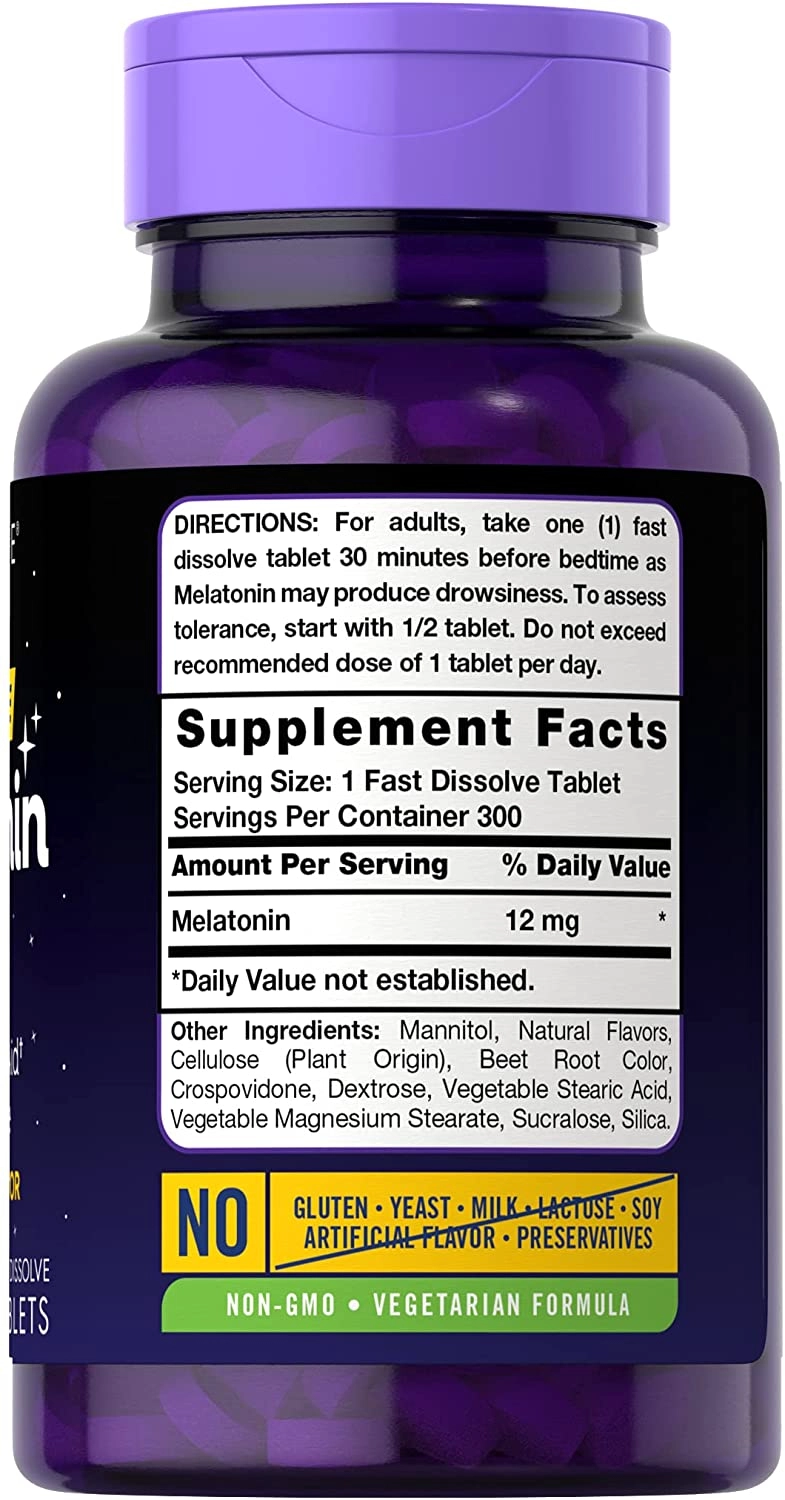 Melatonina 12mg, Fast Dissolve, 300 Comprimidos Sublinguais - Sabor Berry Natural, Carlyle