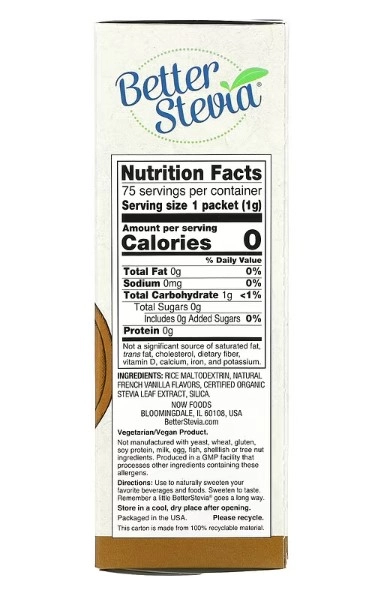 Adoçante com Zero Calorias, baunilha, 100 Pacotes, 100g, Better Stevia, Now