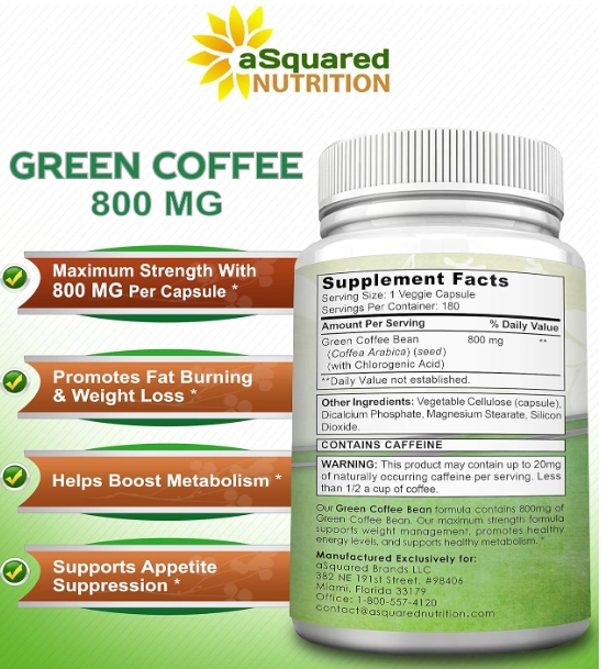 Green Coffee Bean 800mg, 180 Capsulas, aSquared Nutrition