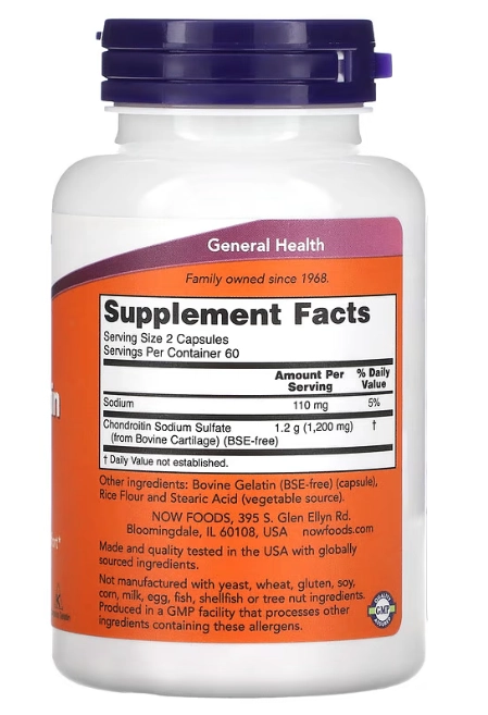 Sulfato de Condroitina 600mg, 120 Cápsulas, Now