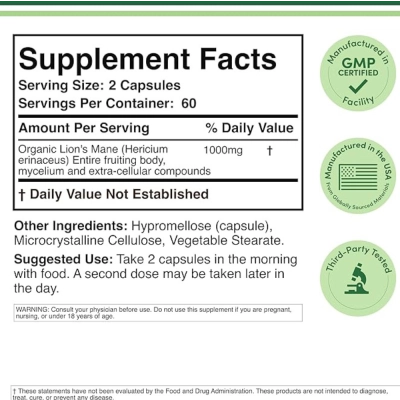 Lion's Mane Mushroom, 500Mg,120 Cápsulas, Double Wood 