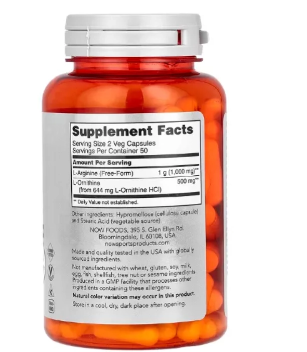 Arginina 500mg e Ornitina 250mg, 100 Cápsulas, Now