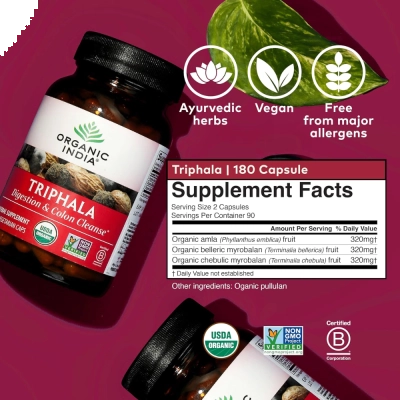 Triphala, Digestão, Detox e Saúde Intestinal, Limpeza do Cólon, 180 Cápsulas, Organic India