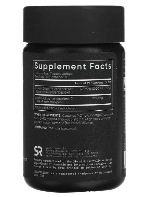 Vitamina D3 125mcg + K2100 mcg, À Base de Plantas, 60 Cápsulas, Sports Research