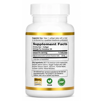 PQQ 20mg, Energia, Vitalidade e Longevidade Celular, 20 Cápsulas, California Gold Nutrition