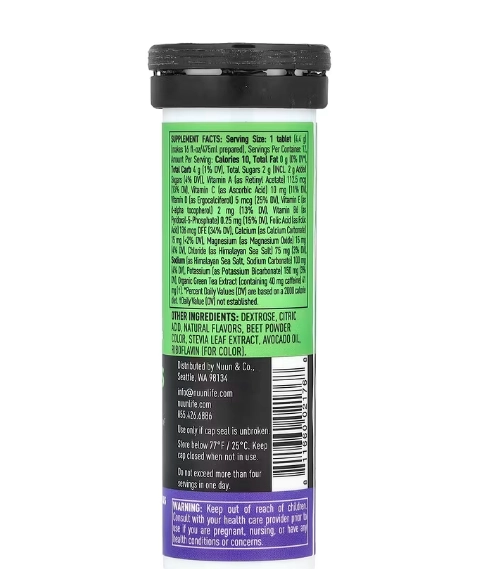 Vitamínico Efervescente, Vitaminas + Cafeína,12 Comprimidos Sabor Cítrico de Amora, Nuun