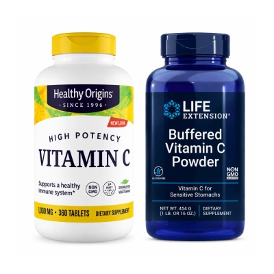 Kit Imunidade e Antioxidante, Vitamina C 1000mg + Vitamina C Tamponada 4000mg, Healthy Origins + Life Extension