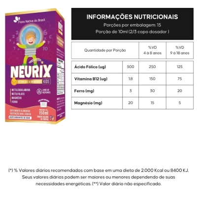 Kit 3 unidades, NEURIX (Mg, Fe, Metilfolato e B12) Sabor Salada De Frutas, 150ml - Flora Nativa do Brasil