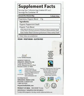 Chá Tulsi, Hortelã-Pimenta, Sem Cafeína, 18 Sacos, 30,6g Organic India