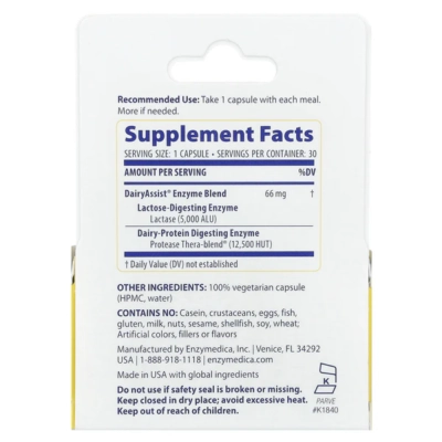 DairyAssist®, Suporte à Digestão de Laticínios, 30 Cápsulas, Enzymedica