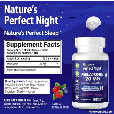 Melatonina 20mg, Sono e Relaxamento, 180 Comprimidos, Sabor Frutas Vermelhas, Nature’s Perfect Night