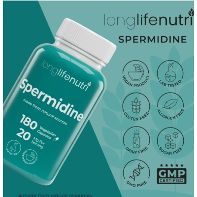 Spermidine 20mg, Auxilia na Saúde Celular e Função Cerebral,180 Cápsulas, LongLifeNutri  