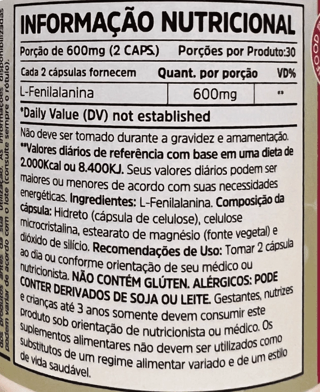 Fenilalanina Aminoácido Essencial, 600mg, 60 Cápsulas, Sunfood