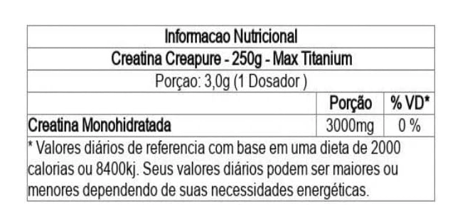 Creatina Creapure, 250g Sem Sabor, Max Titanium