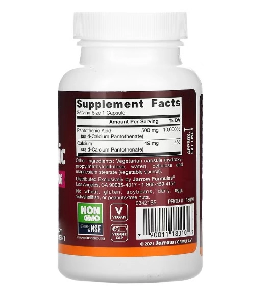 Pantothenic Acid, B5, 500 mg, 100 Cápsulas, Jarrow Formulas