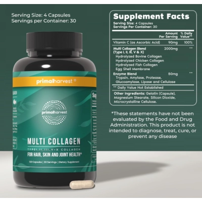 Multi Collagen Tipos I, II, III, V, X,  120 Cápsulas, Primal Harvest