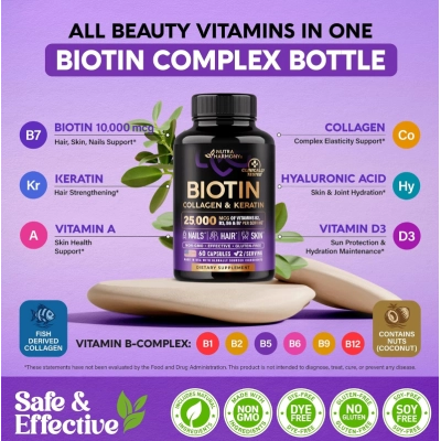 Hair Vitamins, Biotina, Colágeno e Queratina, Crescimento Capilar, Pele e Unhas, 60 Cápsulas, Nutra Harmony