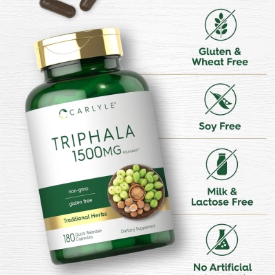 Triphala 1500mg, Saúde Digestiva e Bem-Estar Intestinal, 180 Cápsulas, Carlyle