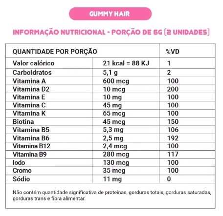 Gummy Hair, Cabelo, pele e unha, 60 Gomas Sabor Morango, 180g