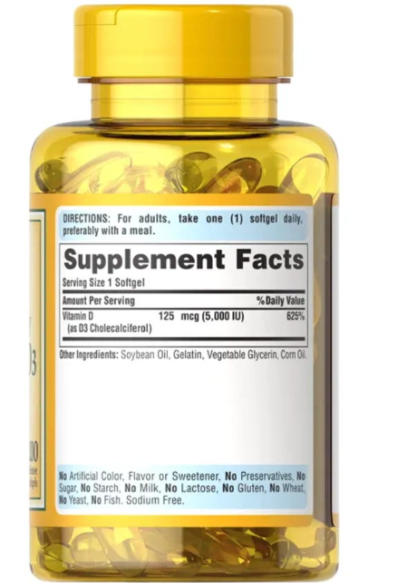 Vitamina D3, 125mcg (5.000iu), 200 Cápsulas, Puritan's Pride