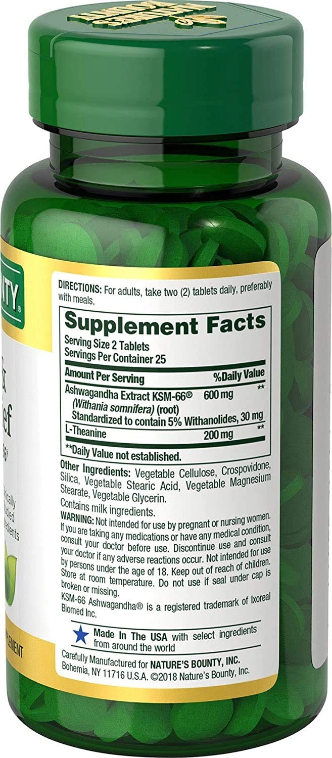 Anxiety & Stress Relief Ashwagandha KSM-66, 600mg, 50 Comprimidos, Nature's Bounty