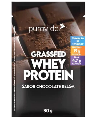 Whey Protein Grassfed, Sabor Chocolate Belga, 30g, 15 unidades, PuraVida