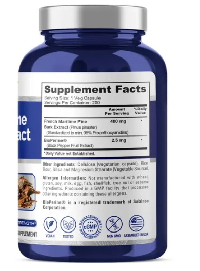 Casca de Pinheiro Marítimo, French Maritime Pine Bark 400mg, 200 Cápsulas, Nusapure