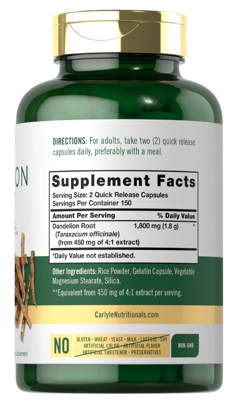 Dandelion Root, Raiz de Dente de Leão, 1800mg, 300 Cápsulas, Carlyle