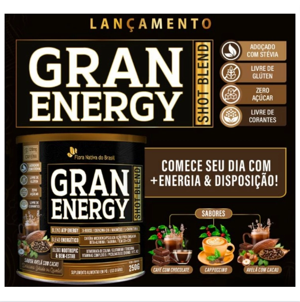 Gran Energy, Shot Blend, 250g, Sabor Capuccino, Flora Nativa