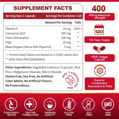 CoQ10 400mg + PQQ, Trans-Resveratrol e Vitamina E, 120 Cápsulas, ZEBORA