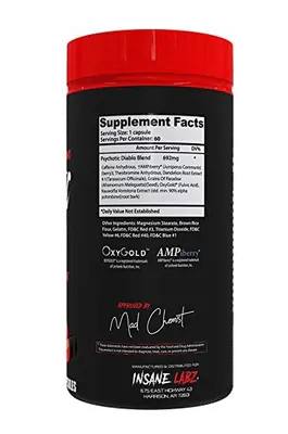 Termogênico Psychotic Diablo, Queimador de Gordura, 60 Cápsulas, Insane Labz