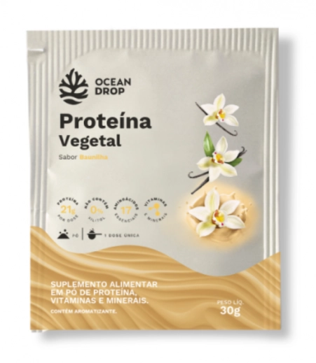 Proteína Vegetal, Caixa com 15 Saches, 30g cada, Sabor Baunilha, Ocean Drop