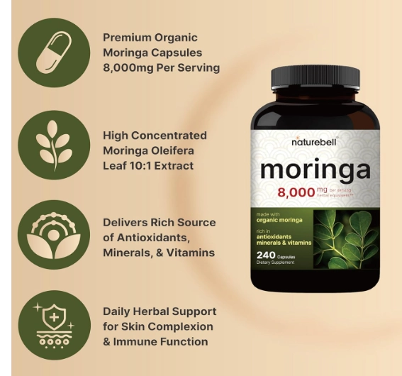 Moringa 8000mg, Feito com pó de Moringa Orgânica 240 cápsulas, NatureBell