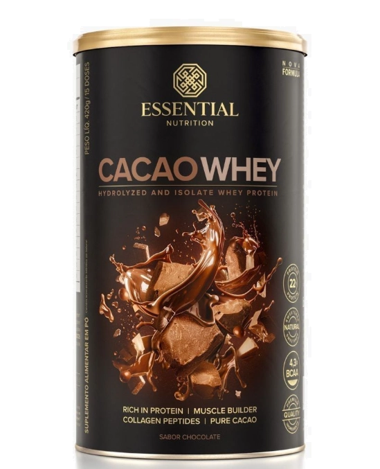 Cacao Whey, Blend de Whey Protein Hidrolisado e Isolado, Cacau Gourmet e Peptídeos de Colágeno hidrolisado, 420g, Essent