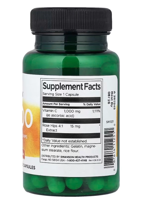 Vitamina C-1000, Com Rosa Mosqueta, 30 Cápsulas, Swanson