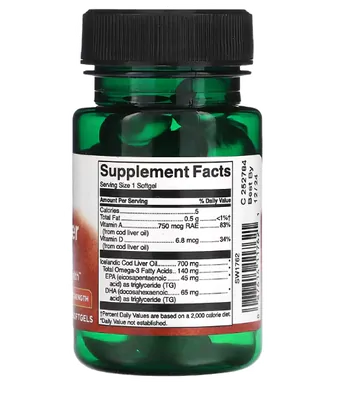 Cod Liver Oil, Óleo de Fígado de Bacalhau, Dupla Força, 700mg, 30 Cápsulas, Swanson